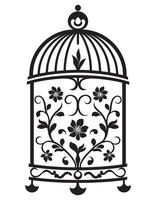 silhouette de une oiseau cage décoratif avec feuilles, noir mur décalcomanies avec en volant des oiseaux dans cage, minimaliste décoratif art pour intérieur, silhouette de une décoratif ancien oiseau cage vecteur