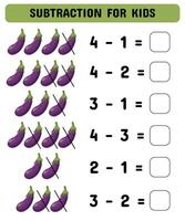 soustraction Jeu avec aubergines. une développement mathématique Jeu pour Jardin d'enfants enfants d'âge préscolaire. imprimable feuille vecteur