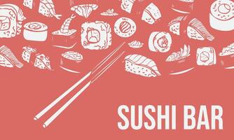 Sushi bar, asiatique nourriture Contexte avec divers Sushi Rouleaux et baguettes vecteur