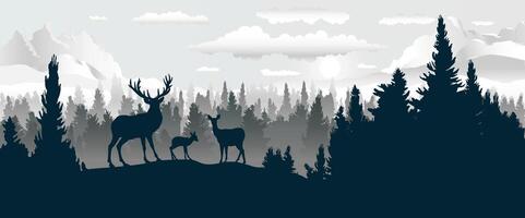 cerfs famille silhouettes, vecteur illustration panoramique paysage de forêt.