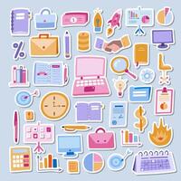 gros affaires ensemble avec coloré main tiré clipart dans griffonnage style. vecteur des illustrations isolé. mallette, lampe, argent et finances, ordinateur portable, ordinateur, planificateur, calendriers, cible, date limite, graphique.