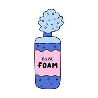 mignonne griffonnage bouteille de une baignoire mousse shampooing. bleu une baignoire et douche cosmétique pour aromatique baigner avec bulles. Plastique bouteille de mousse pour relaxation. Facile clipart avec main tiré contour isolé sur blanche. vecteur