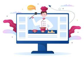 tutoriel vidéo comment faire, préparer, culinaire, chaîne d'émissions culinaires et enseigne la cuisine nouvelle recette pour les affiches. illustration vectorielle de fond vecteur