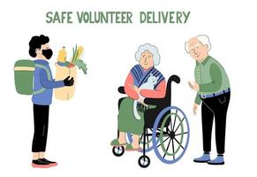 livraison des bénévoles en toute sécurité. lettrage et illustration d'un couple de personnes âgées et d'un jeune homme avec un masque de protection et des gants vecteur