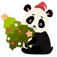 panda mignon avec arbre de noël vecteur