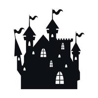 halloween château sombre hanté avec icône de style silhouette drapeaux vecteur