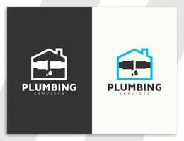 logo des services de plomberie avec illustration de la maison, des tuyaux et des gouttes d'eau vecteur