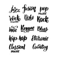 styles de lettrage de la musique. jazz fusion, rock disco, indie, reggae blues, hip hop, musique électronique, classique, country. illustration vectorielle de stock. vecteur