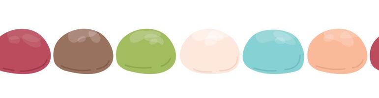 Japonais mochi sans couture frontière. coloré mochi avec différent plombages dans une ligne. asiatique sucré aliments. Japonais mochi dans riz pâte. vecteur plat illustration