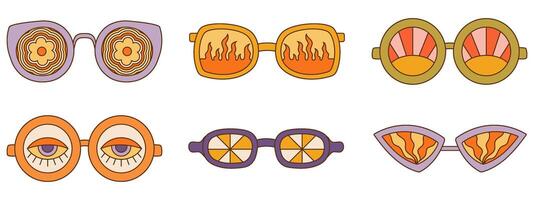 rétro sensationnel des lunettes de soleil collection avec différent motifs. années 1970 vibe ensemble vecteur