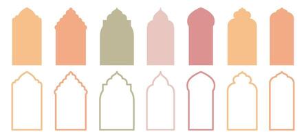 islamique traditionnel les fenêtres ou des portes forme compilation. ensemble de mosquée musulman cadres représenté dans silhouette et contour. vecteur