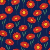 sans couture modèle avec rouge gerbera fleurs sur une foncé Contexte. été floral vecteur illustration. brillant printemps botanique imprimer, moderne style conception