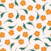 sans couture modèle de Orange fleurs avec vert feuilles sur une beige Contexte. été floral vecteur illustration. fleurs sauvages tissu, printemps Prairie botanique impression