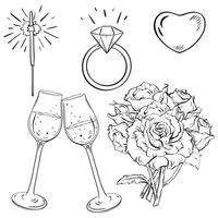 une monochrome dessin de des roses, Champagne lunettes, une anneau, et une cœur vecteur