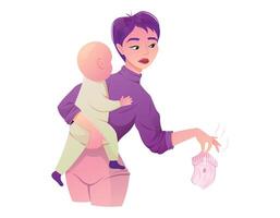 Jeune femme, mère en portant bébé et malodorant utilisé bébé couche. vecteur isolé dessin animé illustration.