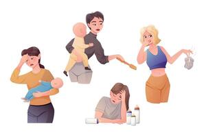 des difficultés de maternité et post-partum dépression. fatigué femmes les mères avec bébés dans leur bras. Faire Ménage corvées avec nouveau-nés. ensemble de vecteur dessin animé isolé illustrations.