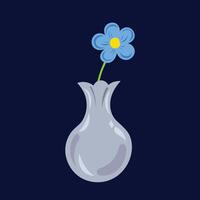 mignonne Célibataire bleu et Jaune fleur à l'intérieur gris coloré vase griffonnage vecteur illustration isolé sur carré foncé bleu Contexte. Facile plat dessin animé art stylé dessin.