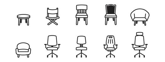 chaise icône empaqueter, meubles, en bois chaise, rond canapé, Bureau et jeu chaise contour vecteur