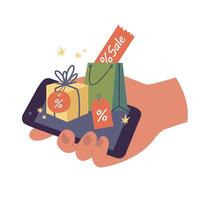 vecteur illustration concept de vente dans en ligne achats. main en portant une mobile téléphone avec paquets et achats avec vente coupon