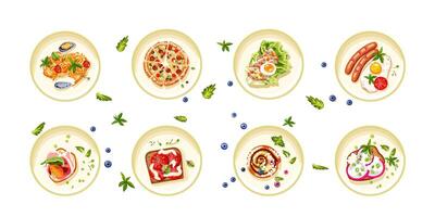 une ensemble de vite nourriture et collations pour impression sur café et restaurant menus. en bonne santé aliments. italien plats, desserts pour petit-déjeuner, déjeuner, et dîner. vecteur illustration.