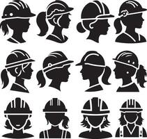 construction femmes ouvriers tête avec sécurité difficile chapeau vecteur icône ensemble.