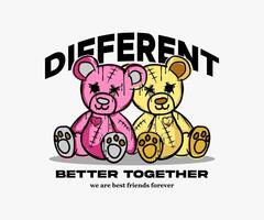 différent mais mieux ensemble slogan avec ours poupée copains vecteur illustration pour t chemise conception, rue mode, etc