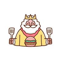 vieil homme roi avec spatule et illustration de hamburger. graphiques de dessins animés pour les imprimés de t-shirts et d'autres utilisations. vecteur