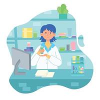 illustration vectorielle d'une fille de pharmacien dans une pharmacie avec des médicaments vecteur