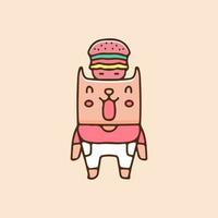 chat heureux avec hamburger sur la tête illustration. graphiques vectoriels pour les impressions de t-shirts et autres utilisations. vecteur