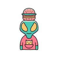 extraterrestre cool avec hamburger sur l'illustration de la tête. graphiques vectoriels pour les impressions de t-shirts et autres utilisations. vecteur