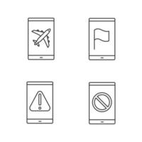 Ensemble d'icônes linéaires d'applications pour smartphone. mode de vol, navigateur gps, erreur, aucun signe de signal. symboles de contour de ligne mince. illustrations de contour de vecteur isolé