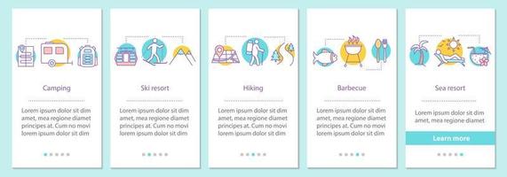 écran de page d'application mobile d'intégration de vacances avec des concepts linéaires. instructions graphiques des étapes du camping, de la randonnée, du barbecue, des stations de ski et de la mer. modèle vectoriel ux, ui, gui avec illustrations