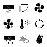 Ensemble d'icônes de glyphe de climatisation. climatiseur, persiennes, ventilateur d'extraction, ventilateur, température hivernale, ventilation, ioniseur, flux d'air, humidification. symboles de silhouette. illustration vectorielle isolée vecteur