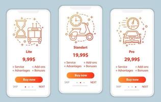 les plans tarifaires d'intégration des écrans d'applications mobiles modèles vectoriels. interface de pages de site Web pas à pas. lite, standart, prix des services pro. abonnement smartphone, mise en page web de paiement d'adhésion vecteur