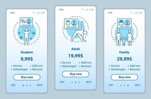 prix des abonnements à bord des écrans d'applications mobiles modèles vectoriels. plans tarifaires étudiant, famille, adulte. interface de pages de site Web pas à pas. frais d'adhésion au gymnase. mise en page de la page Web de paiement par smartphone vecteur