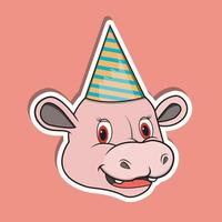 autocollant de visage d'animal avec un hippopotame portant un chapeau de fête. conception de personnages. vecteur