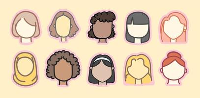 icône de tête de femme et de filles multiraciale mignonne. vecteur