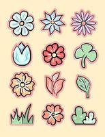 ensemble d'icônes de fleurs de printemps plat isolé sur blanc. jolies illustrations aux couleurs douces pour autocollants, étiquettes, tags, scrapbooking vecteur