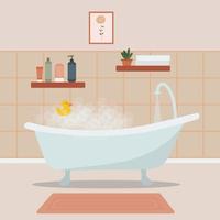 intérieur de salle de bain confortable avec baignoire pleine de mousse et accessoires de bain. baignoire mousseuse dans une chambre confortable. illustration vectorielle plane.