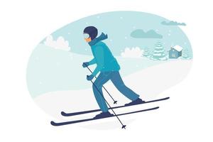 jeune homme à skis masqué, hiver. illustration vectorielle plane en style cartoon. illustration vectorielle d'activités de sports d'hiver. paysage d'hiver vecteur
