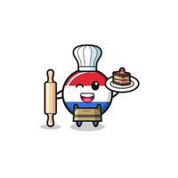 drapeau des pays-bas en tant que mascotte de chef pâtissier tenir un rouleau à pâtisserie vecteur