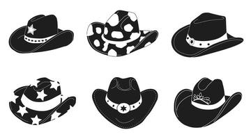 main tiré noir et blanc cow-boy Chapeaux. ensemble de cow-boy chapeau plat vecteur illustration. collection de rétro éléments. cow-boy occidental et sauvage Ouest thème.