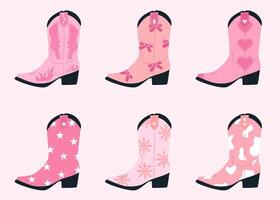 ensemble de rose cow-girl bottes avec différent ornements. sauvage Ouest mode style. collection de rétro éléments. femmes cow-boy accessoires. vecteur plat vecteur illustration.