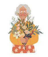 vieux asiatique femme en portant bouquet de fleurs vecteur
