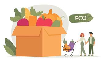 homme et femme avec plein achats Chariot, acheter en ligne Frais des légumes. papier boîte avec des légumes. vecteur illustration