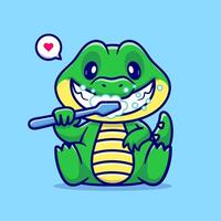 mignonne crocodile brossage les dents dessin animé vecteur icône illustration. animal en bonne santé icône concept isolé prime vecteur. plat dessin animé style