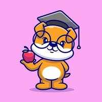 mignonne chien en portant Pomme avec l'obtention du diplôme chapeau dessin animé vecteur icône illustration. animal éducation icône concept isolé prime vecteur. plat dessin animé style