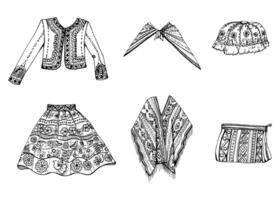 main tiré encre vecteur illustration, brodé nationale Indien vêtements Sud central Amérique mode culture. ensemble de objets isolé sur blanc Contexte. conception voyage, vacances, brochure, impression