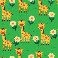 sans couture modèle dessin animé girafe avec fleur, plante. mignonne animal fond d'écran pour textile, cadeau emballage papier vecteur