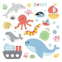 ensemble de mignonne mer animaux personnage dessin animé conception.ship et bateau.dauphin, poulpe, tortue, mer, poisson, coquille main tiré collection.marine.under le eau.kawaii.vector.illustration. vecteur